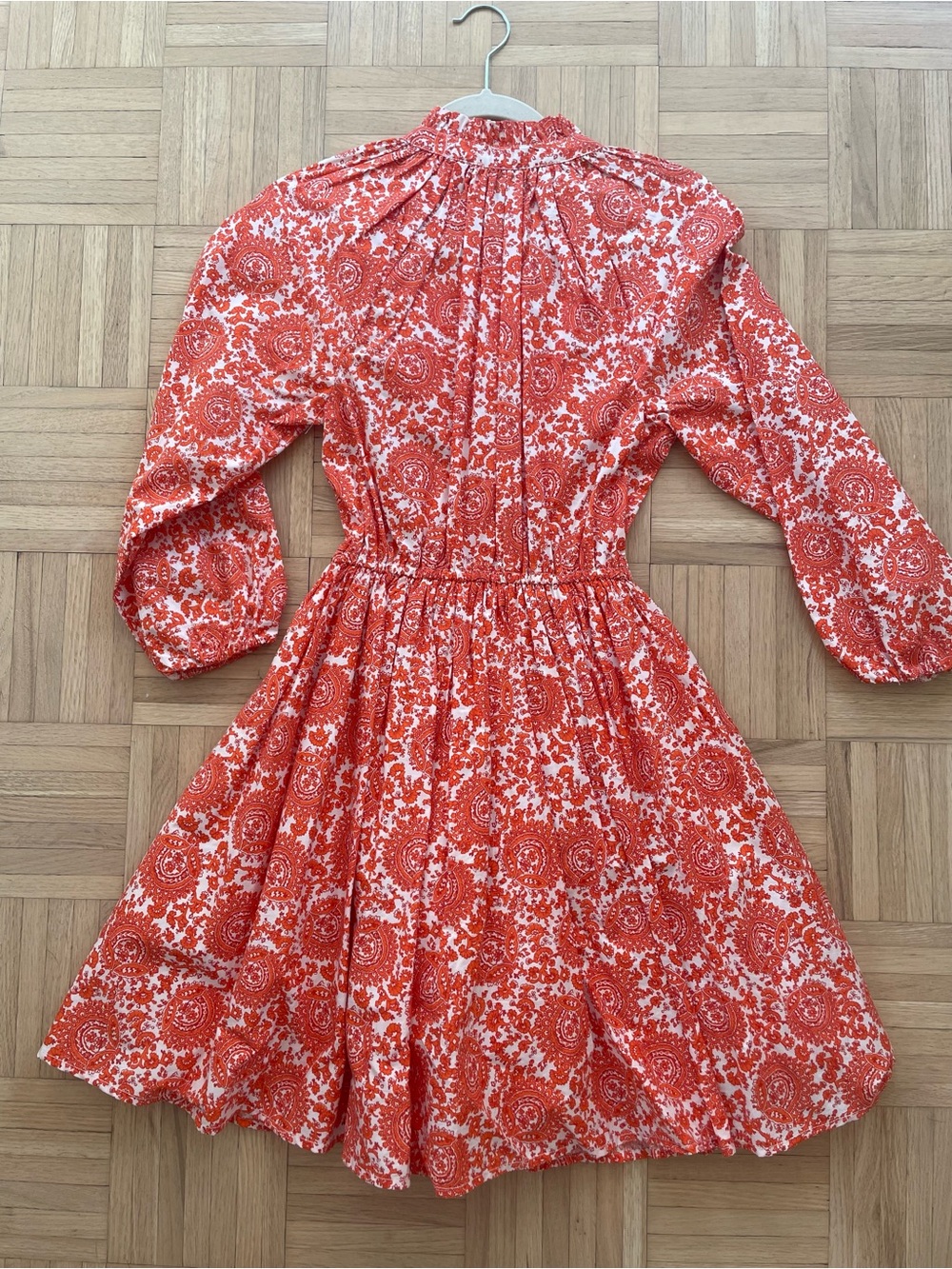 J. Crew Coral and White Printed Dress with long puff sleeves, lined. Size XXS - Picture 4 of 5